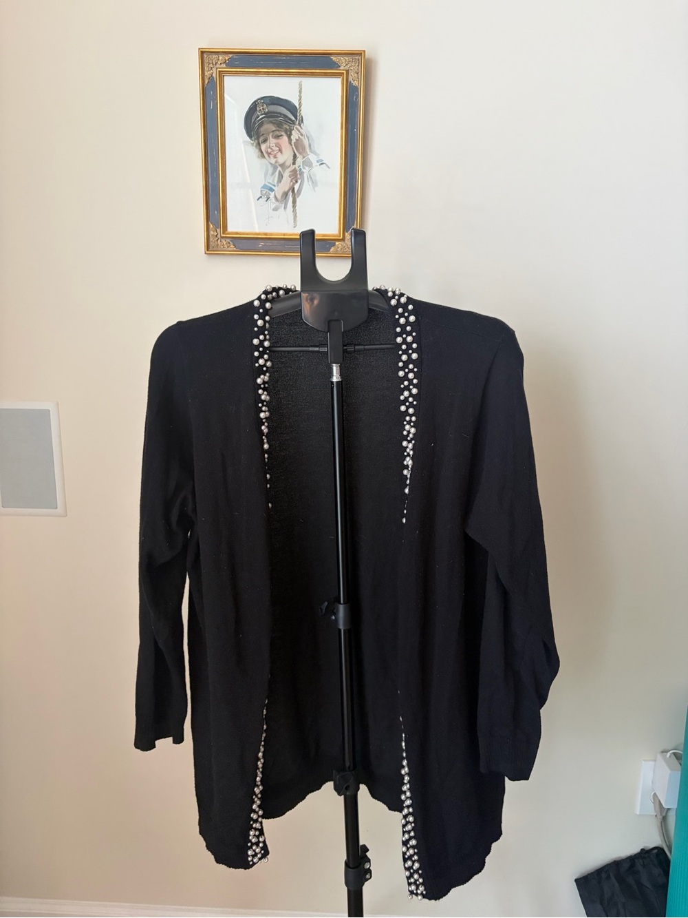Esperanza Black Pearl Beaded Open Front Cardigan Size L Long Sleeve Lightweight